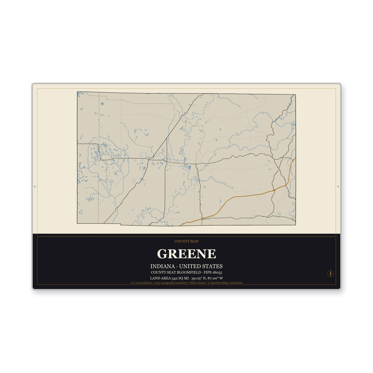 Greene County, Indiana Map Aluminum Sign in Museum Plaque style