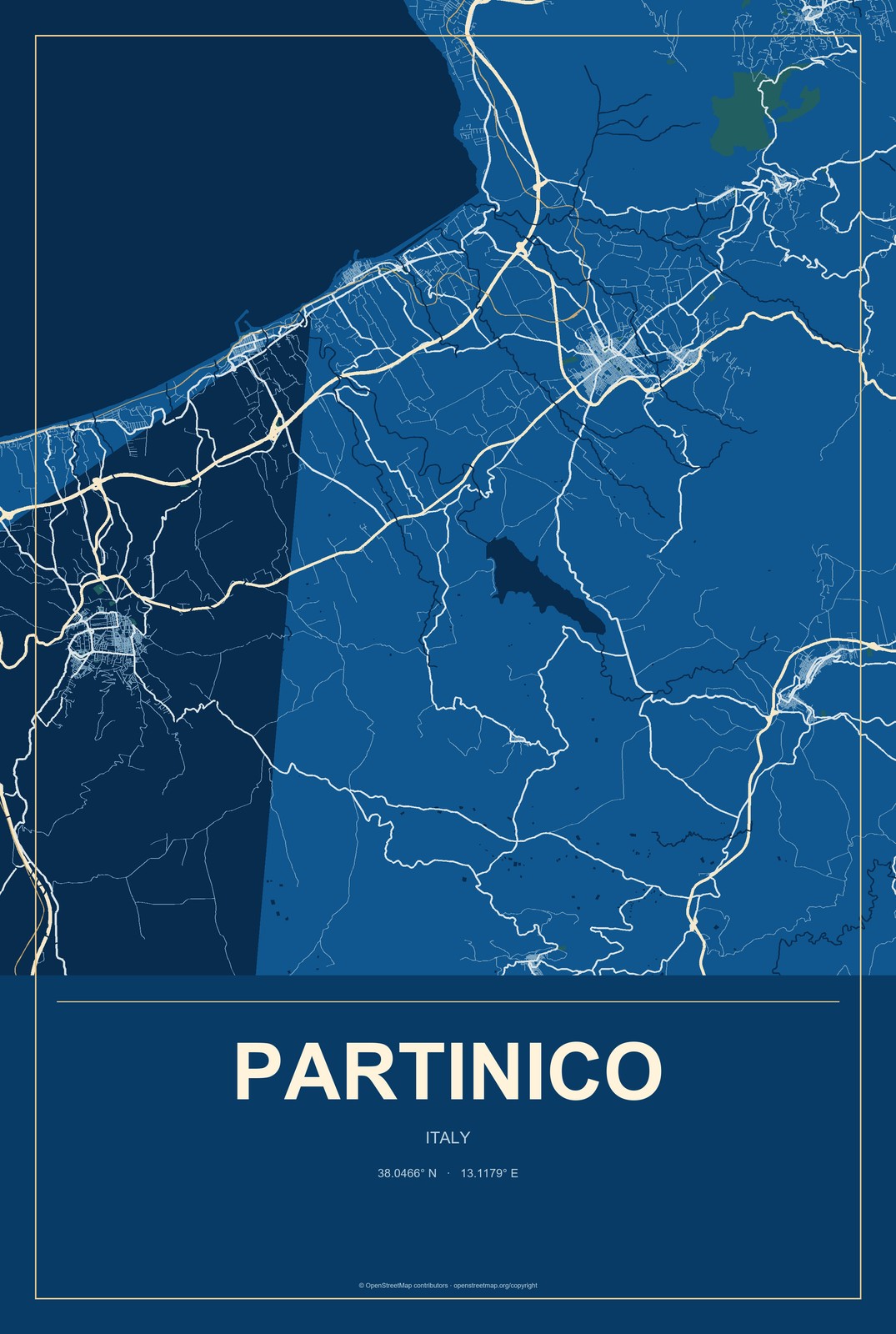 Partinico, Italy City Map Aluminum Sign in Harbor Cobalt style