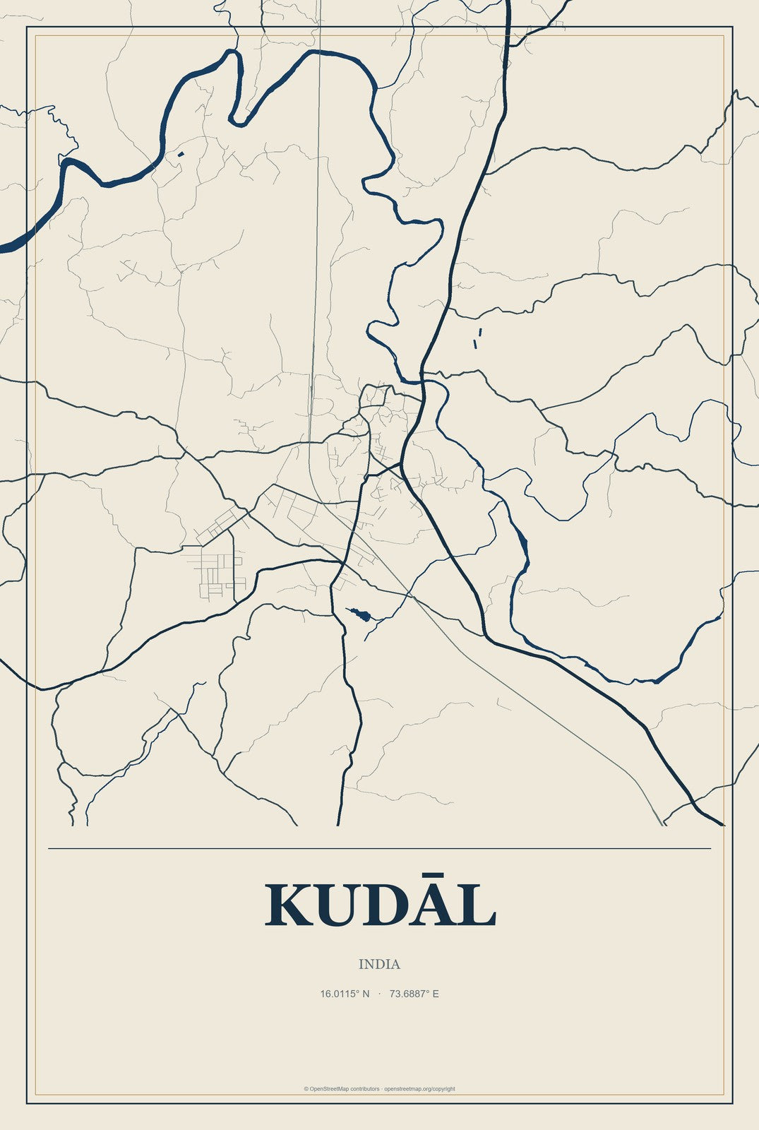 Kudāl, India City Map Aluminum Sign in Coastal Cutout style