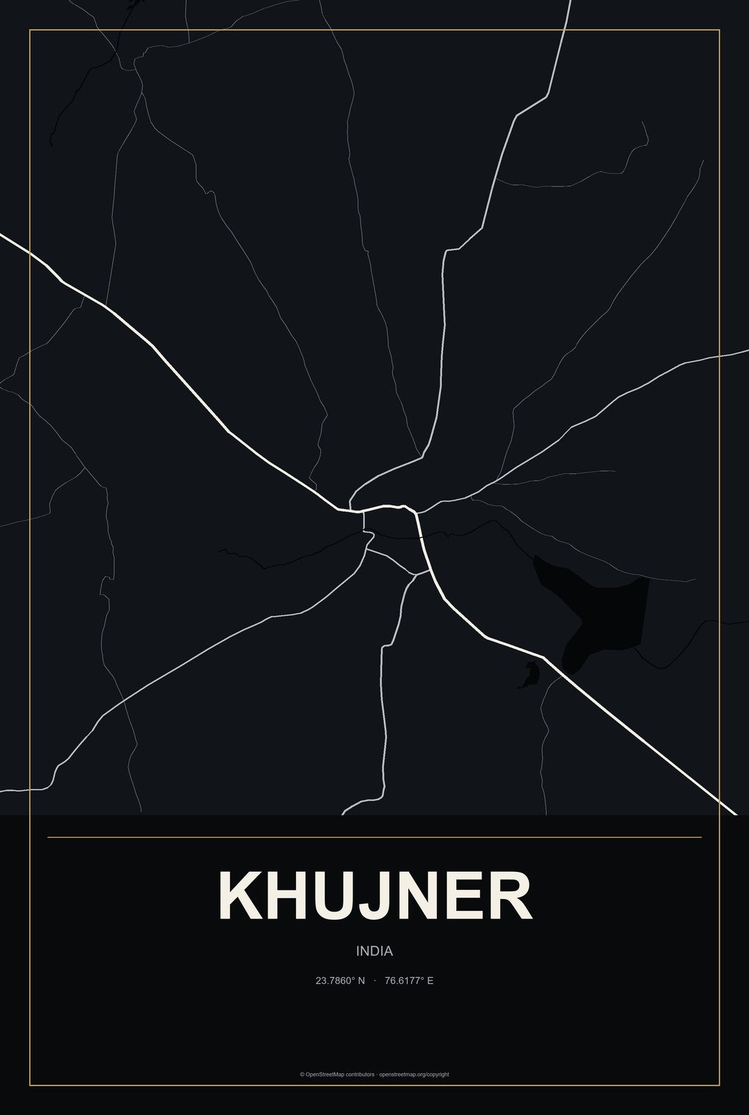 Khujner, India City Map Aluminum Sign in Metropolitan Noir style