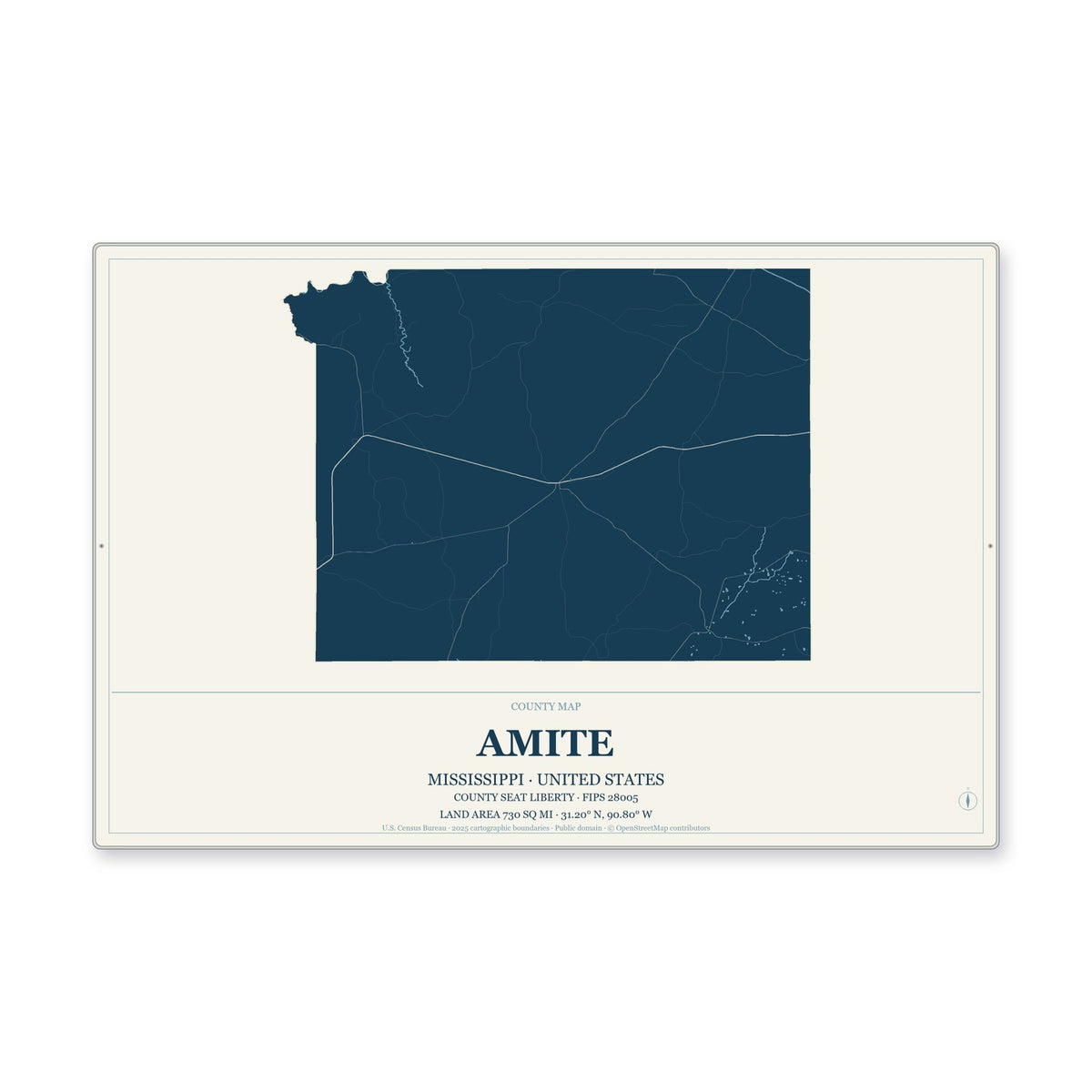 Amite County, Mississippi Map Aluminum Sign in Coastal Cutout style