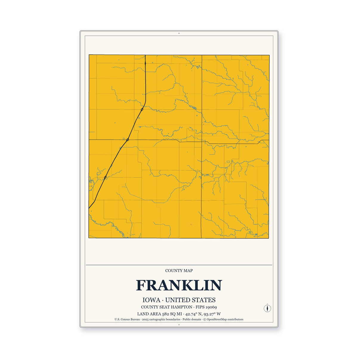 Franklin County, Iowa Map Aluminum Sign in Citrine Modern style