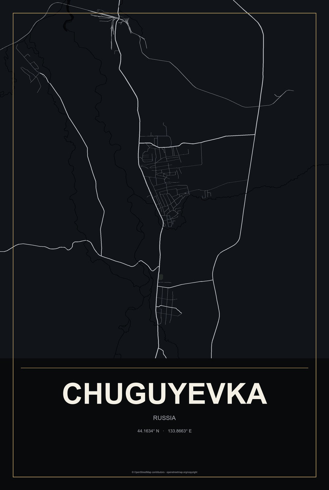 Chuguyevka, Russia City Map Aluminum Sign in Metropolitan Noir style