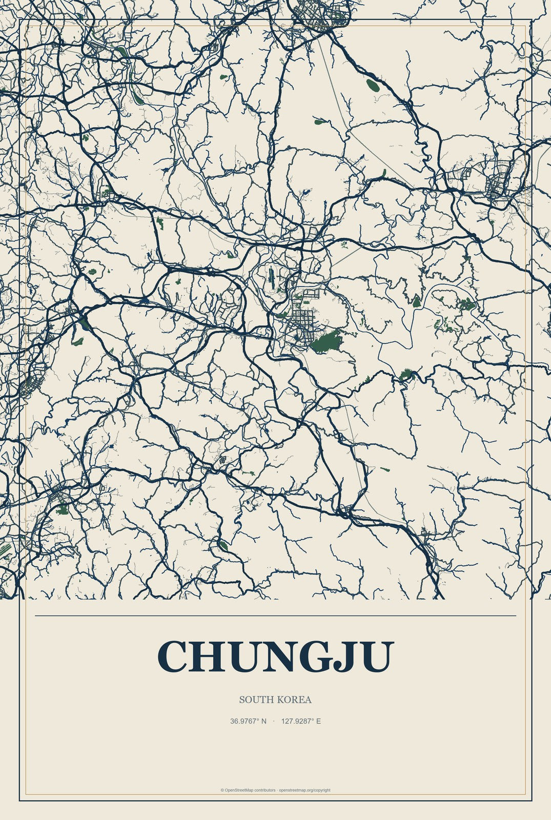 Chungju, South Korea City Map Aluminum Sign in Coastal Cutout style