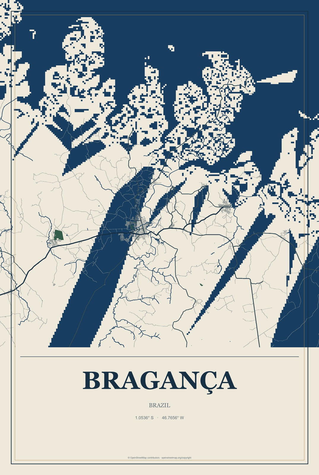 Bragança, Brazil City Map Aluminum Sign in Coastal Cutout style