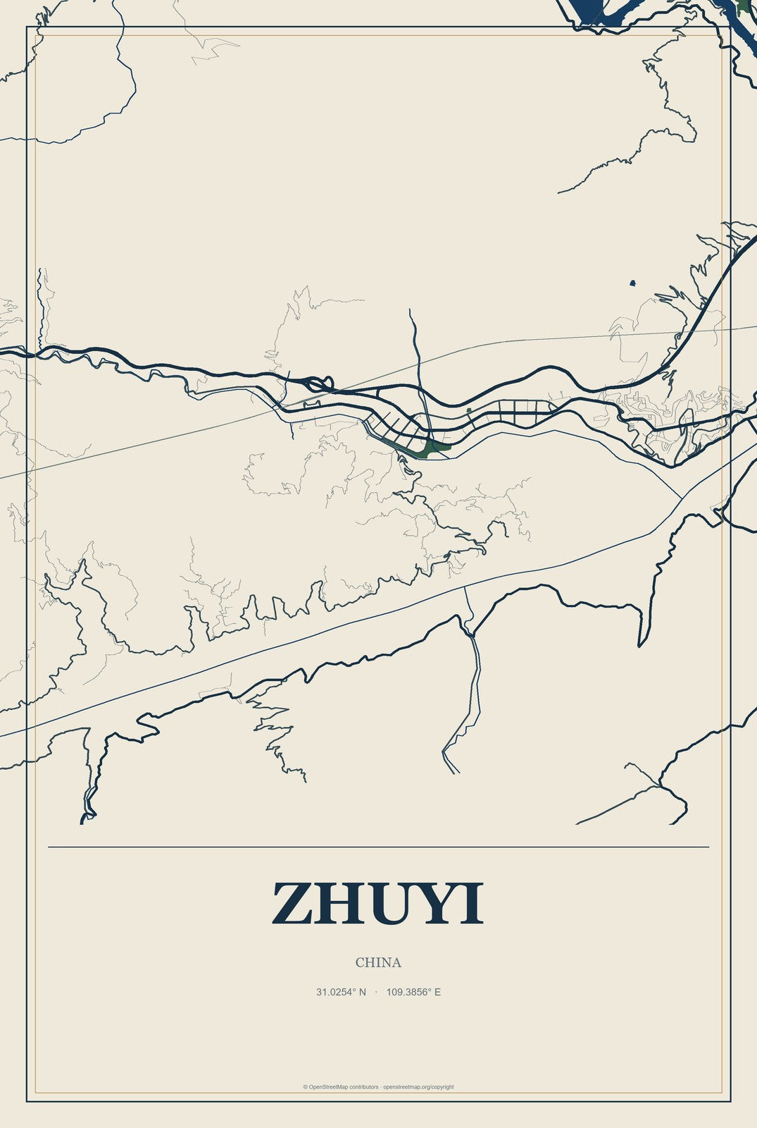 Zhuyi, China City Map Aluminum Sign in Coastal Cutout style