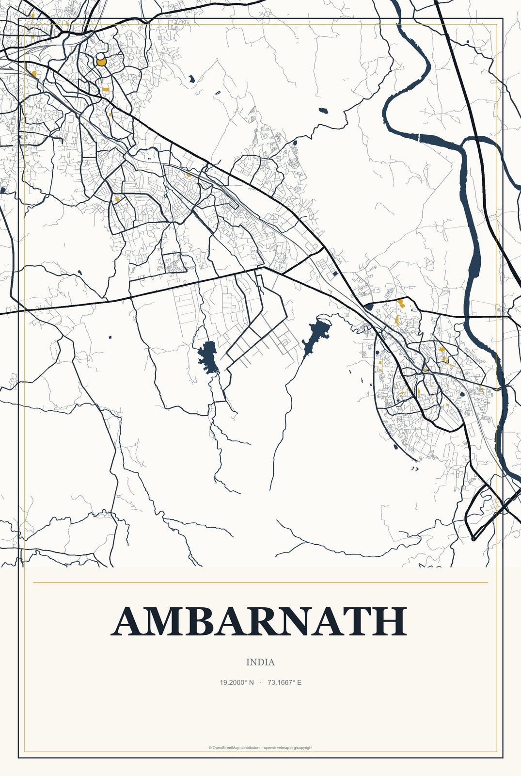 Ambarnath, India City Map Aluminum Sign in Citrine Modern style