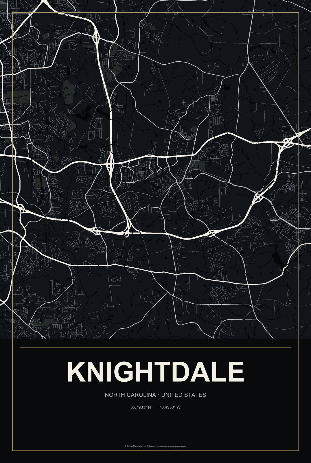 Knightdale, North Carolina City Map Aluminum Sign in Metropolitan Noir style