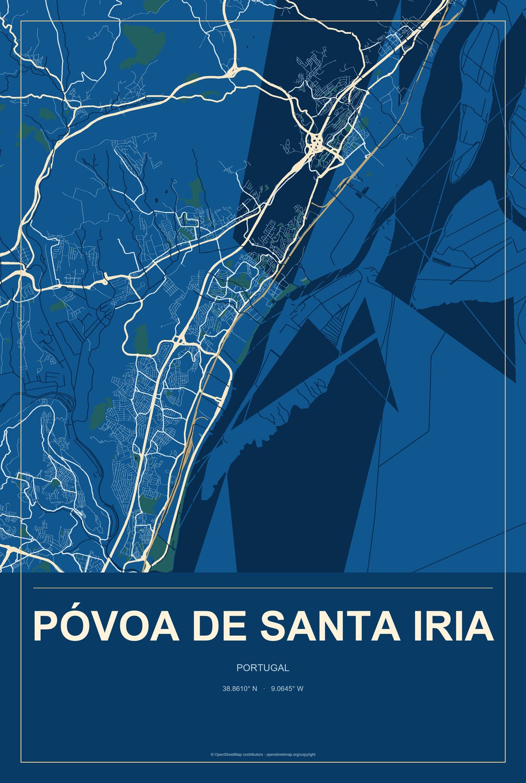 Póvoa de Santa Iria, Portugal City Map Aluminum Sign in Harbor Cobalt style