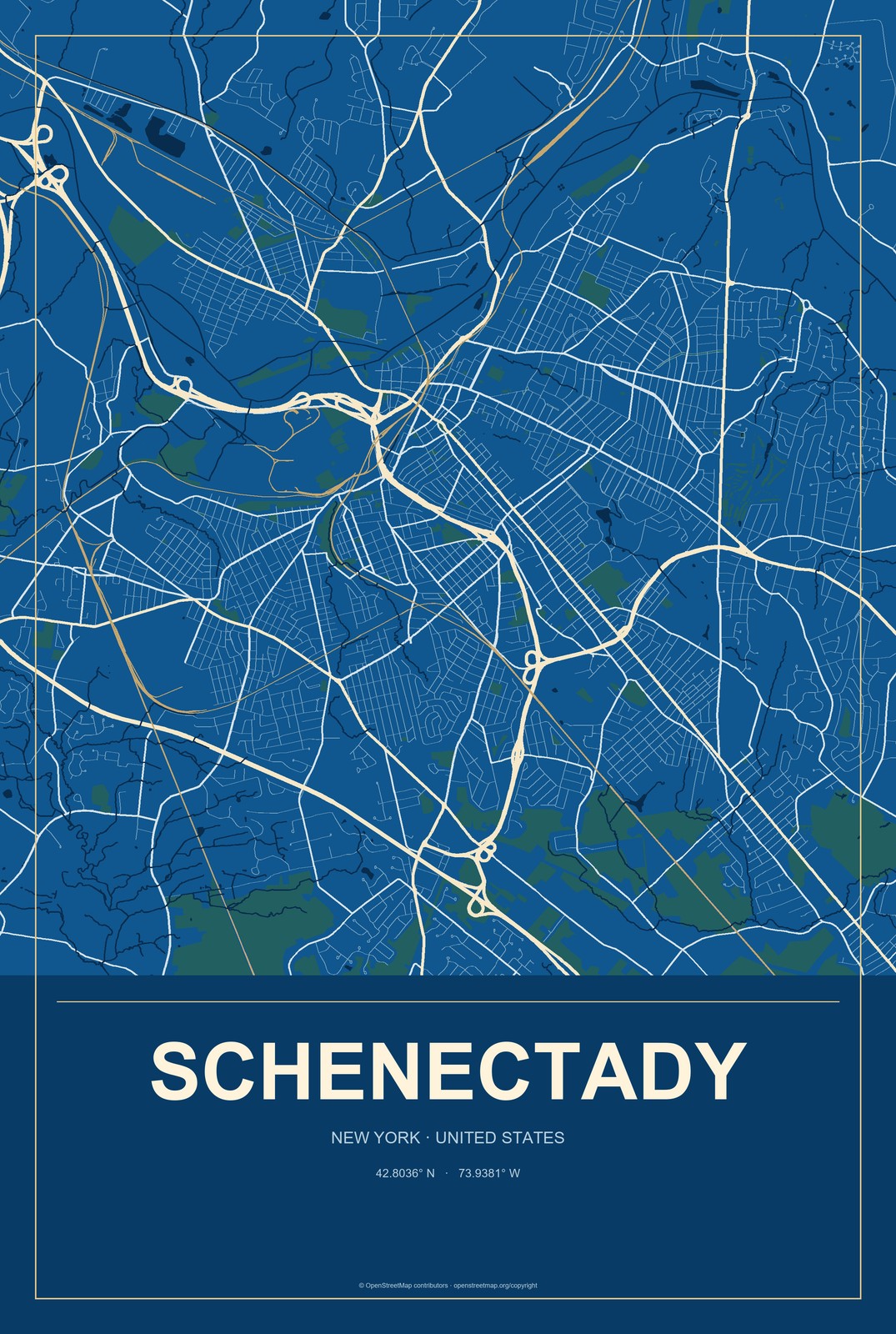 Schenectady, New York City Map Aluminum Sign in Harbor Cobalt style