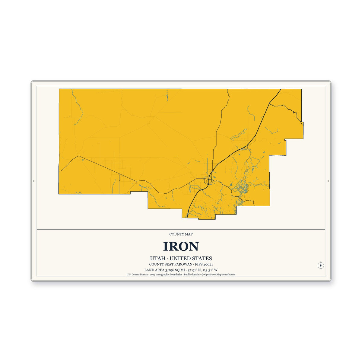 Iron County, Utah Map Aluminum Sign in Citrine Modern style