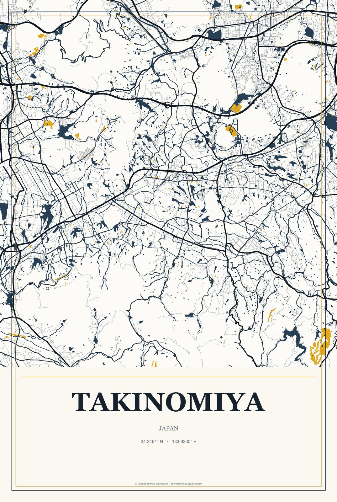 Takinomiya, Japan City Map Aluminum Sign in Citrine Modern style