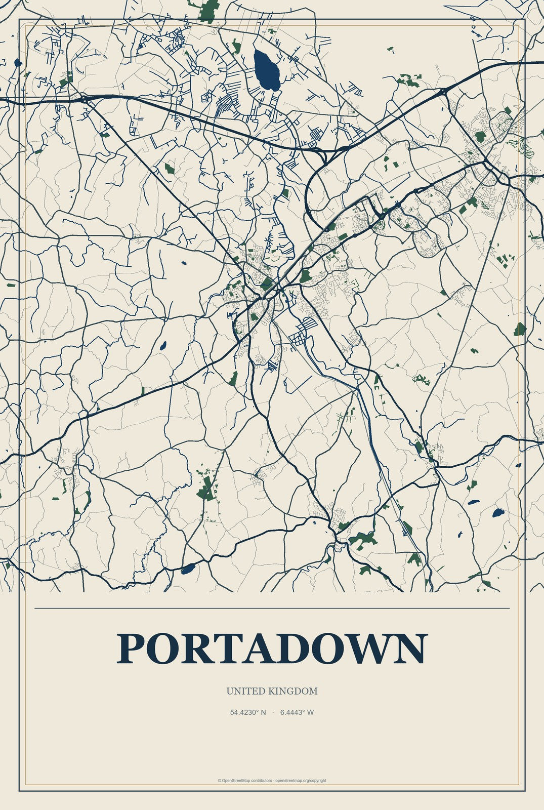 Portadown, United Kingdom City Map Aluminum Sign in Coastal Cutout style