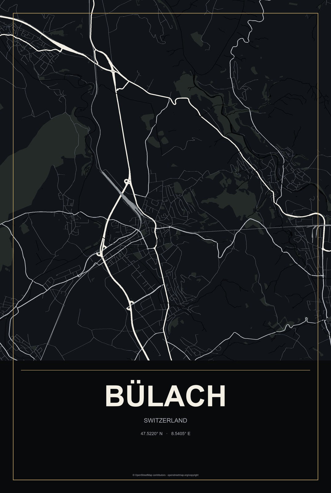 Bülach, Switzerland City Map Aluminum Sign in Metropolitan Noir style