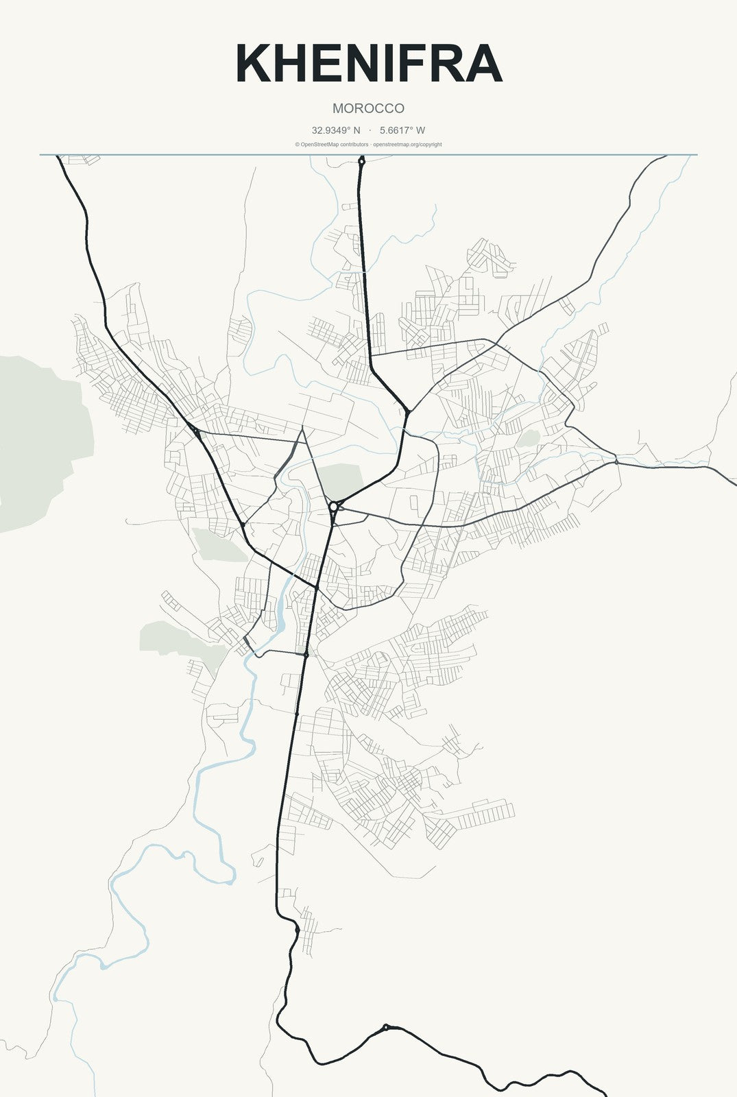 Khenifra, Morocco City Map Aluminum Sign in Headline Atlas style