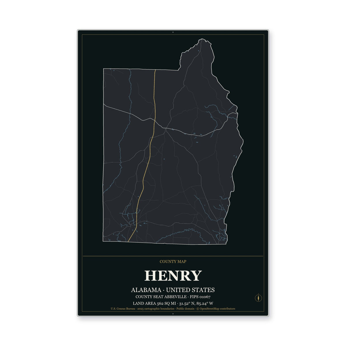 Henry County, Alabama Map Aluminum Sign in Metropolitan Noir style