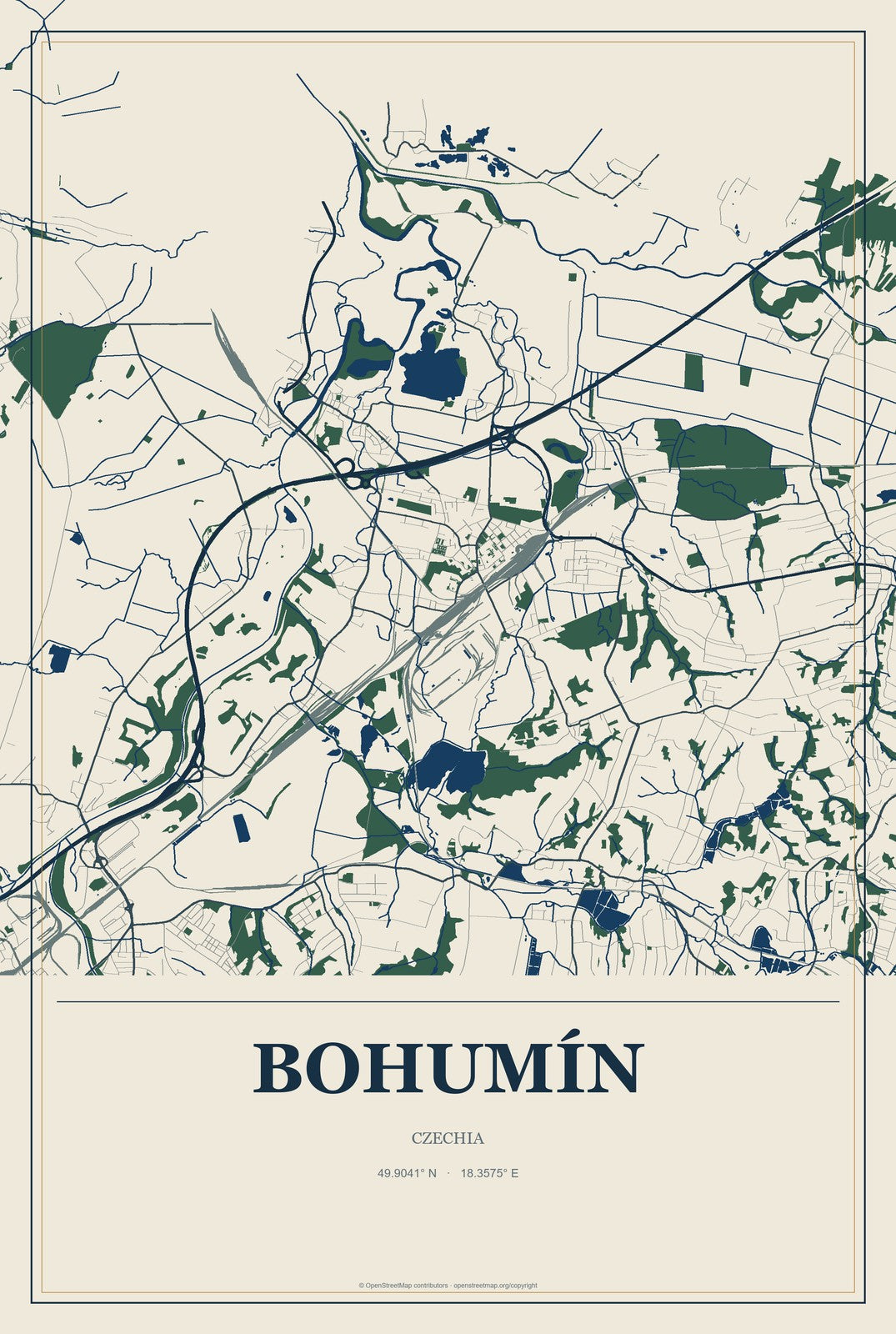 Bohumín, Czechia City Map Aluminum Sign in Coastal Cutout style
