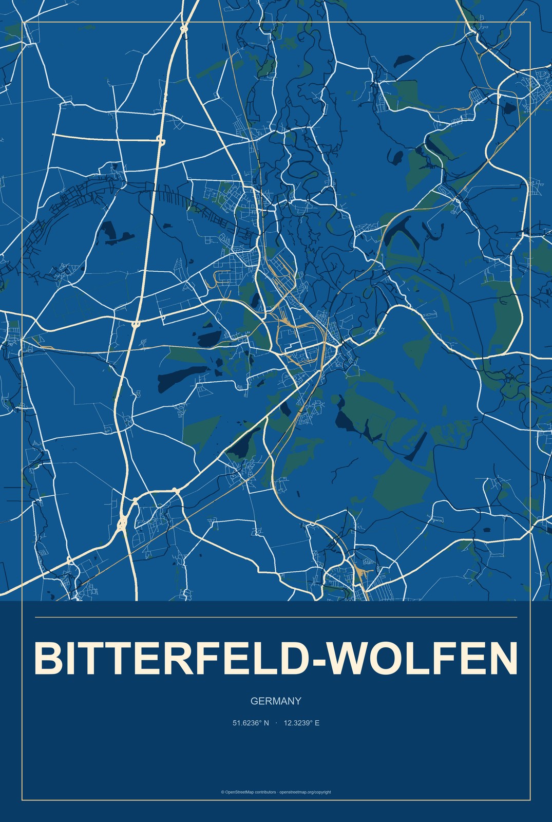 Bitterfeld-Wolfen, Germany City Map Aluminum Sign in Harbor Cobalt style