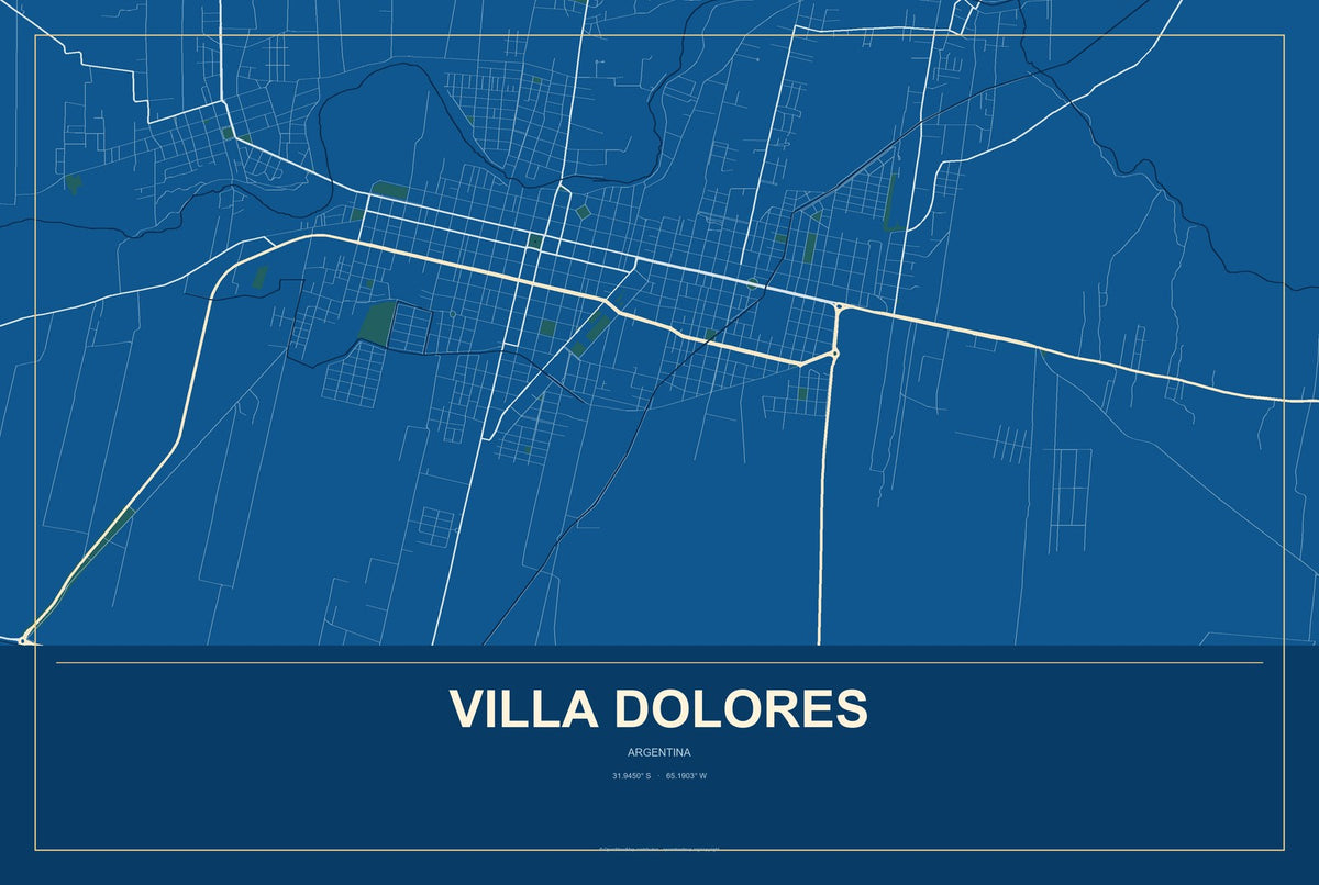 Villa Dolores, Argentina City Map Aluminum Sign in Harbor Cobalt style