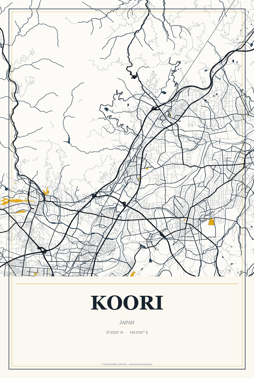 Koori, Japan City Map Aluminum Sign in Citrine Modern style