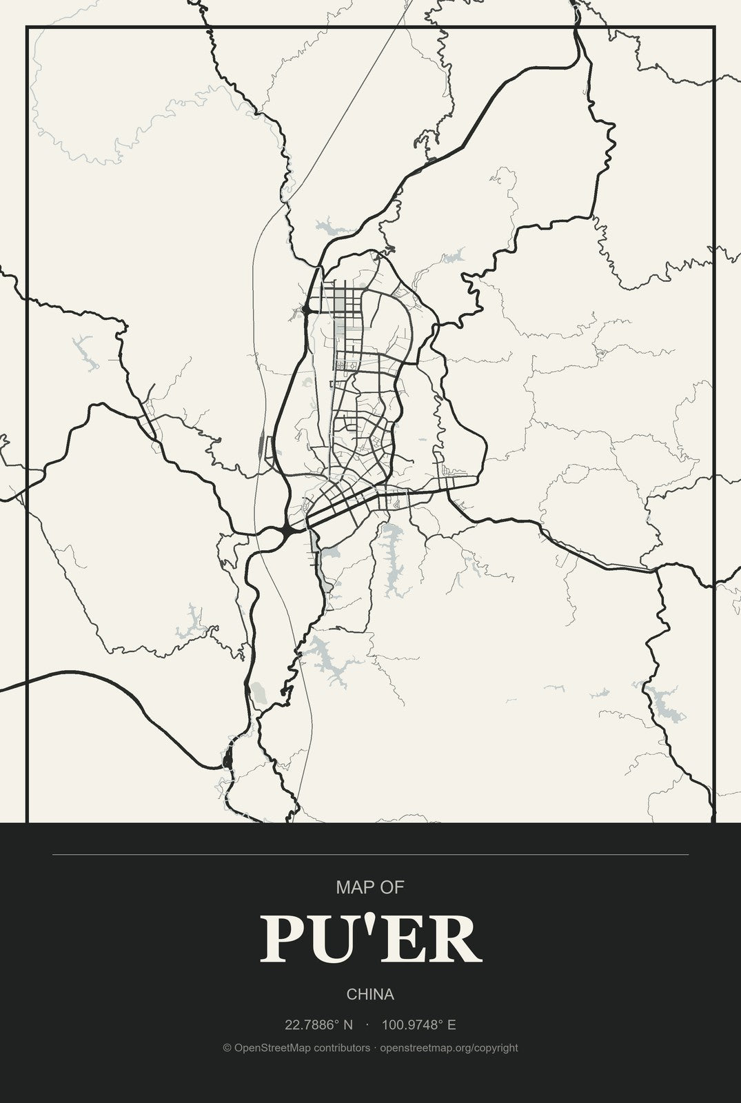 Pu'er, China City Map Aluminum Sign in Museum Plaque style