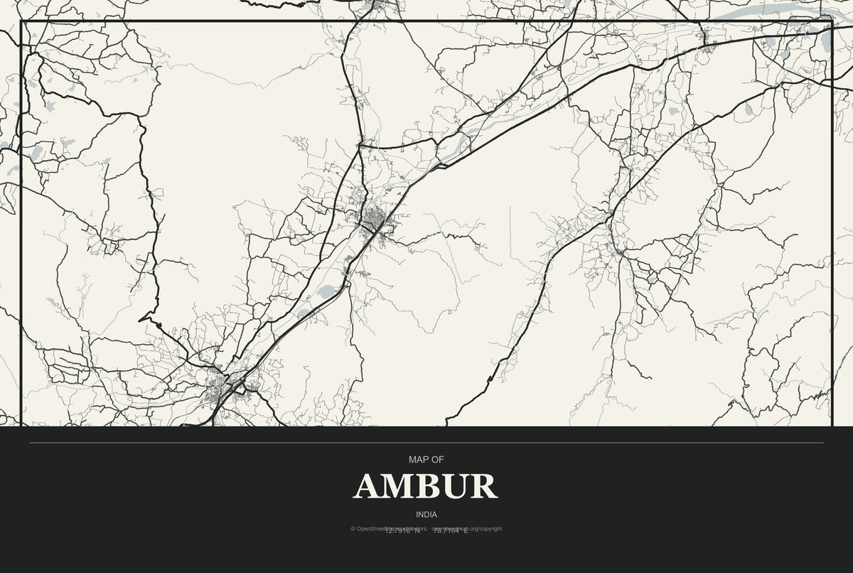 Ambur, India City Map Aluminum Sign in Museum Plaque style