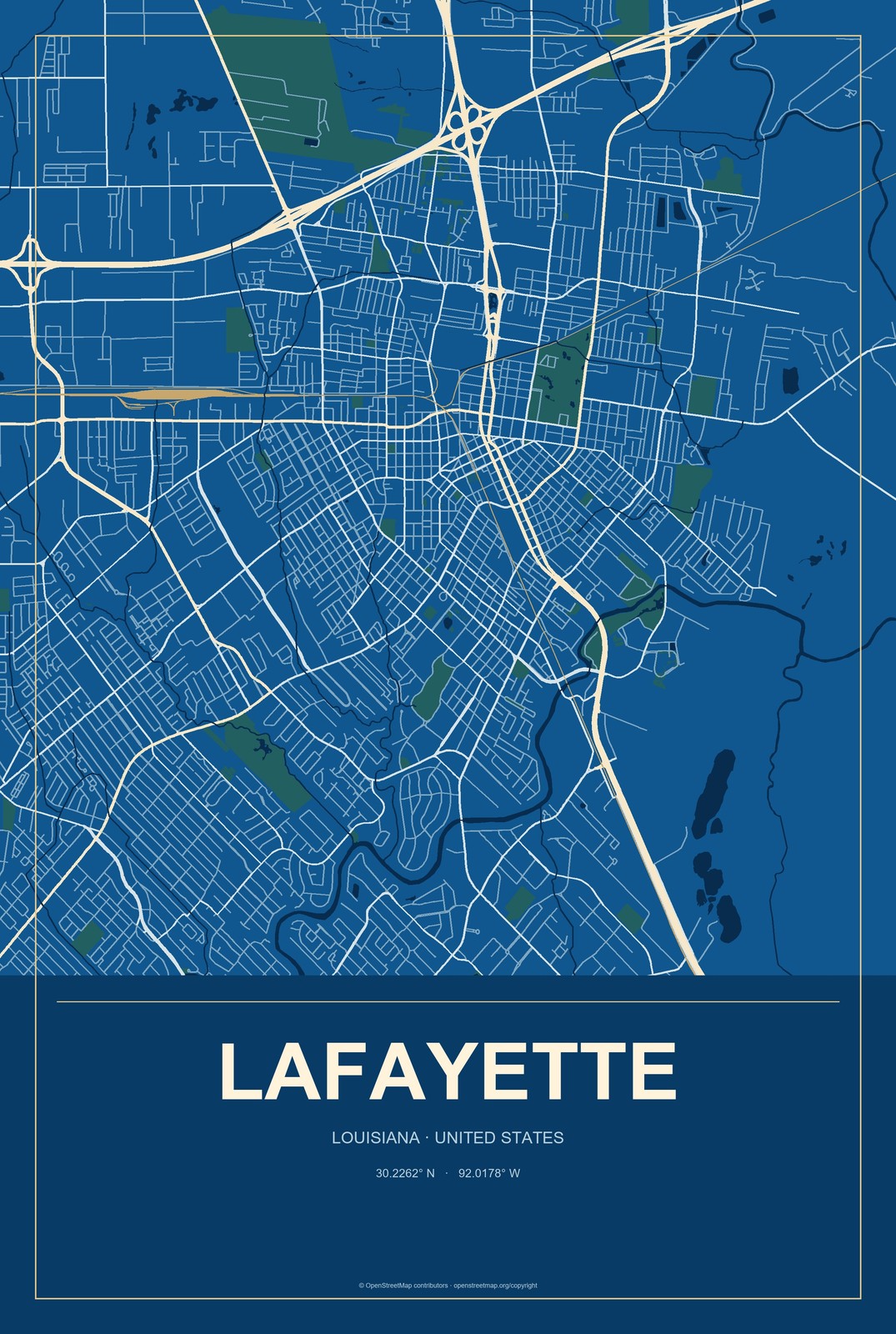 Lafayette, Louisiana City Map Aluminum Sign in Harbor Cobalt style