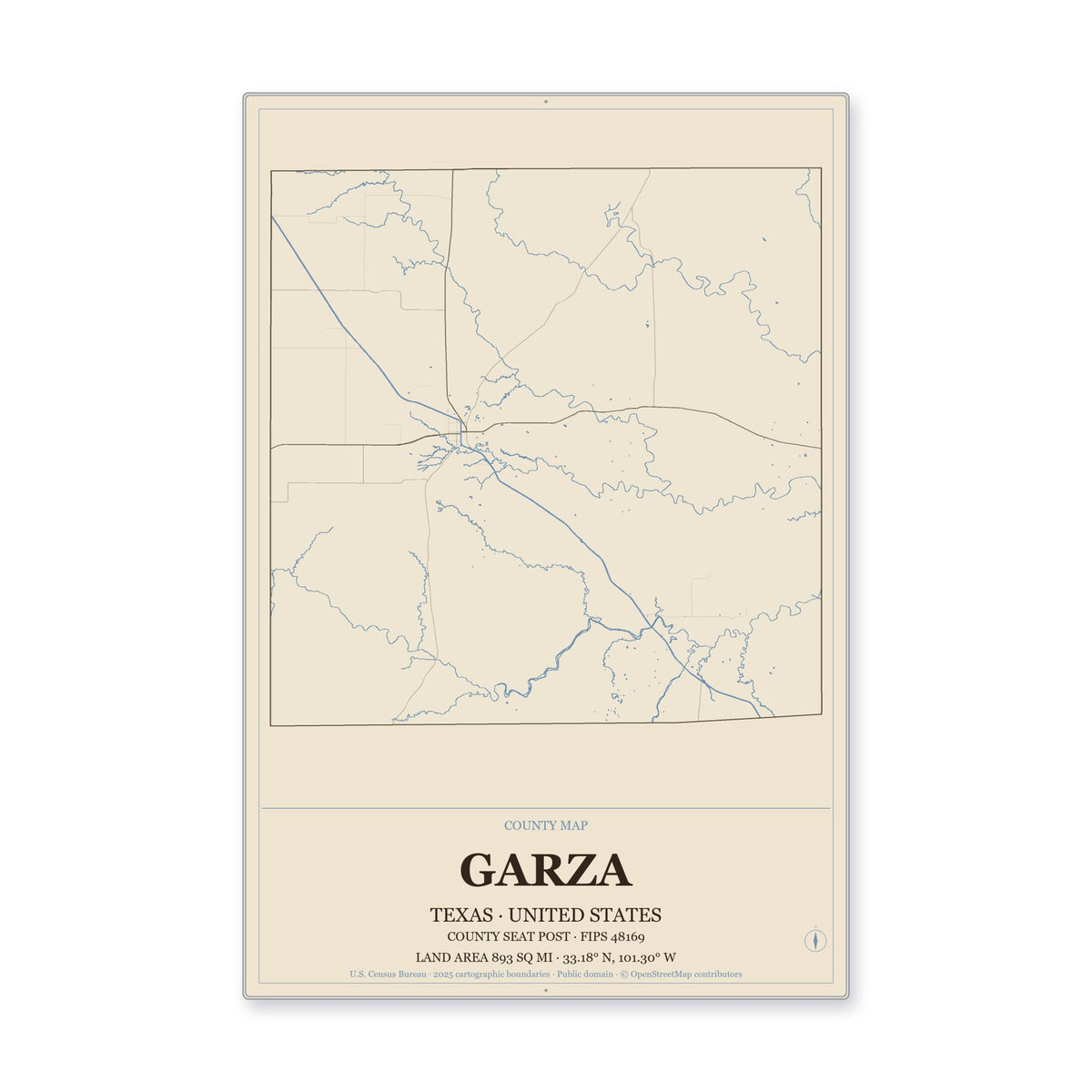 Garza County, Texas Map Aluminum Sign in Heritage Nautical style