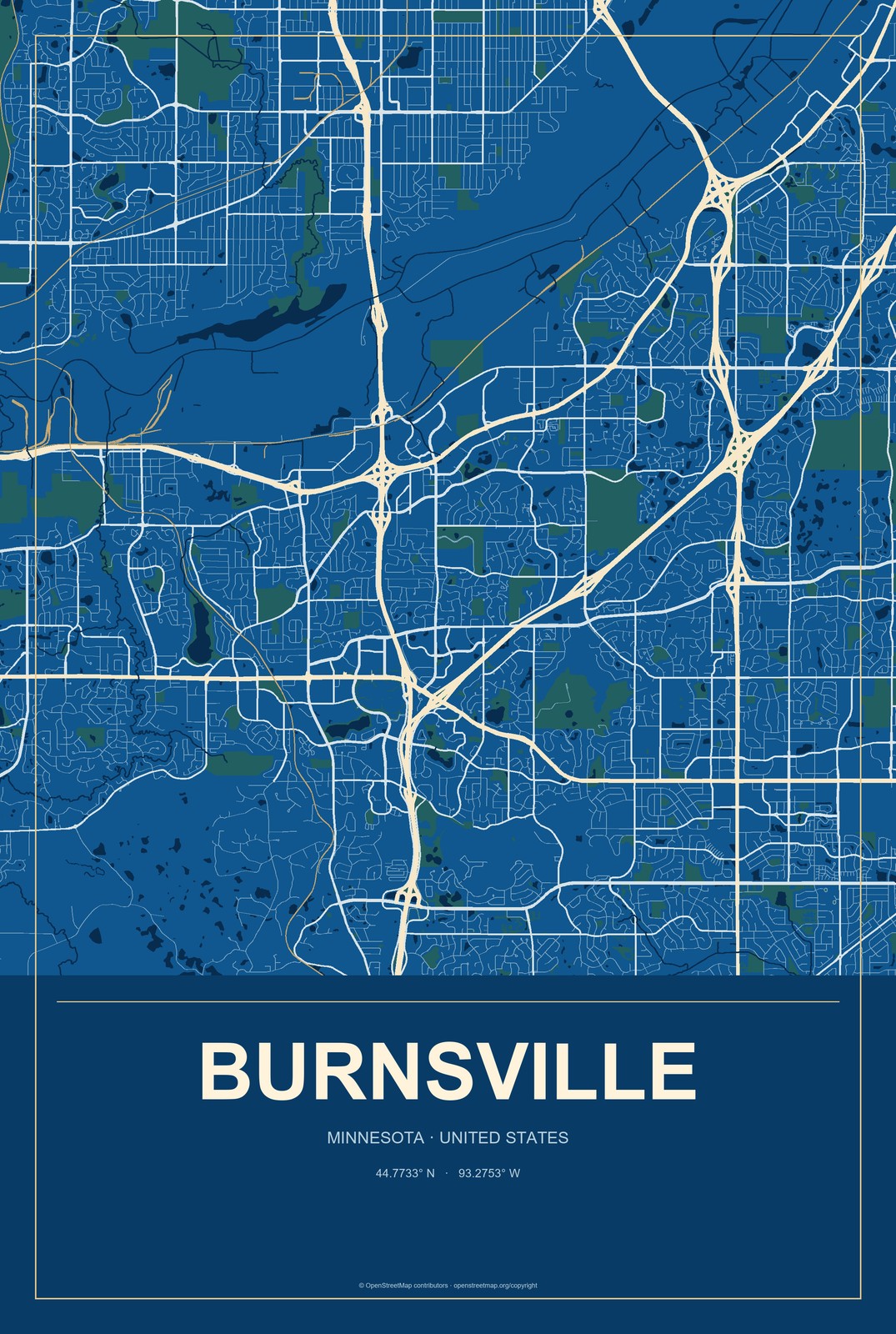Burnsville, Minnesota City Map Aluminum Sign in Harbor Cobalt style