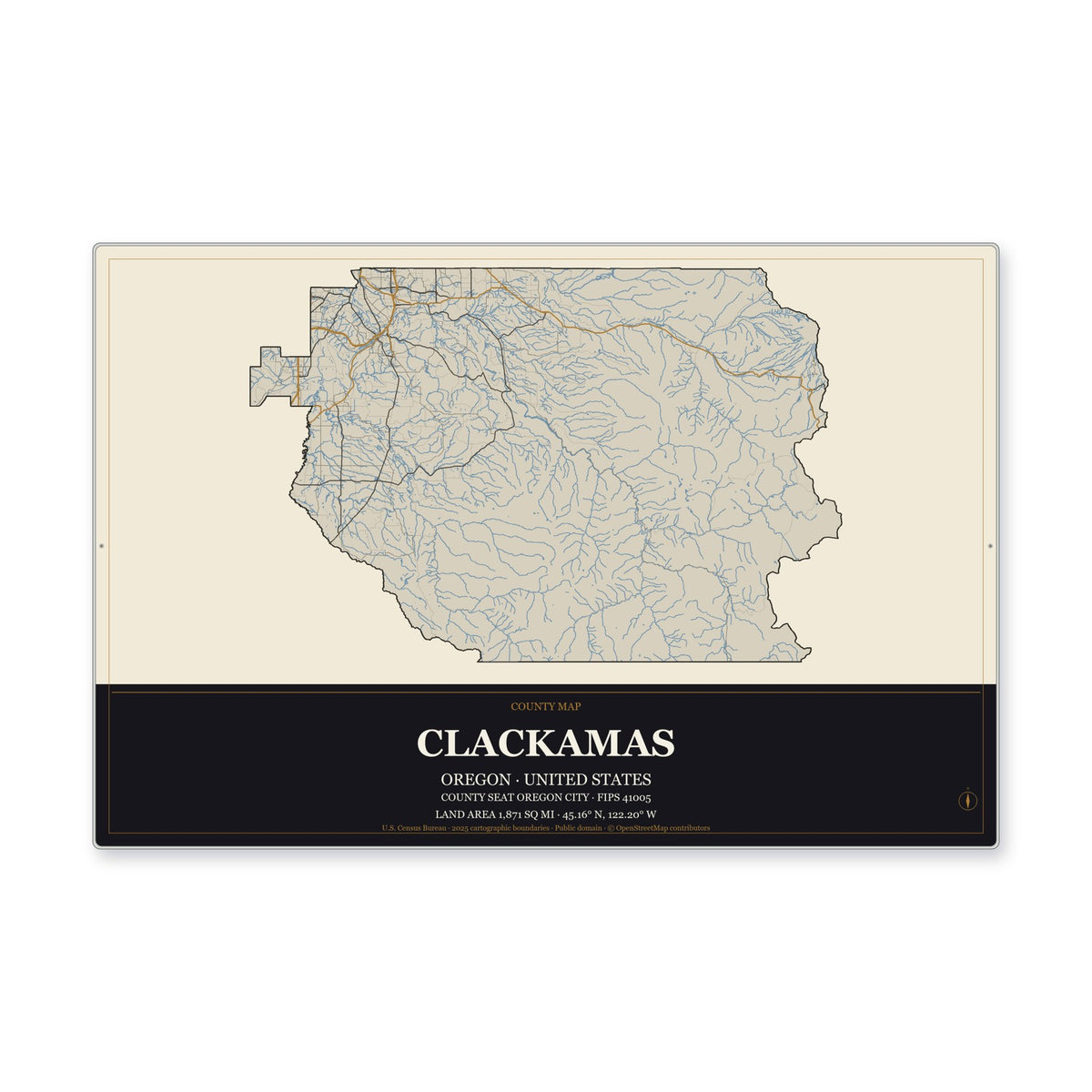 Clackamas County, Oregon Map Aluminum Sign in Museum Plaque style