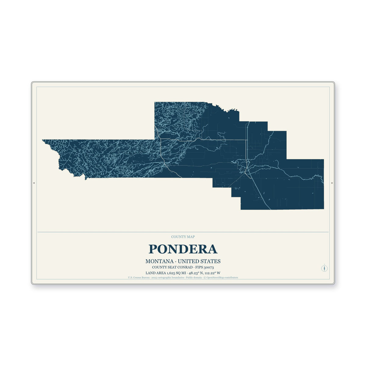 Pondera County, Montana Map Aluminum Sign in Coastal Cutout style
