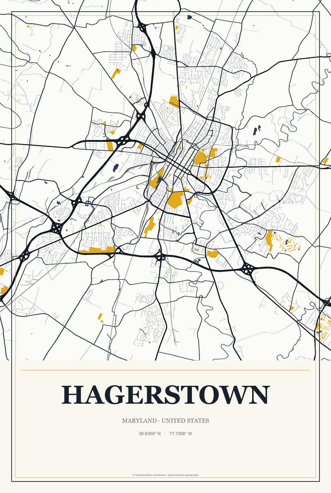 Hagerstown, Maryland City Map Aluminum Sign in Citrine Modern style