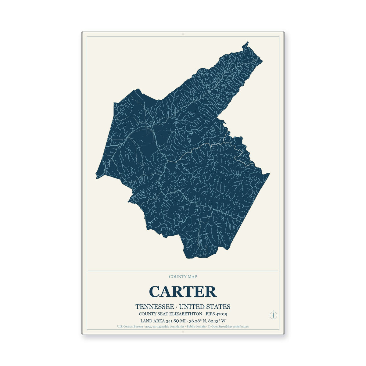 Carter County, Tennessee Map Aluminum Sign in Coastal Cutout style