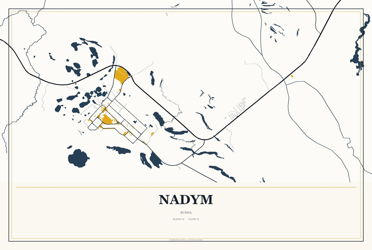 Nadym, Russia City Map Aluminum Sign in Citrine Modern style