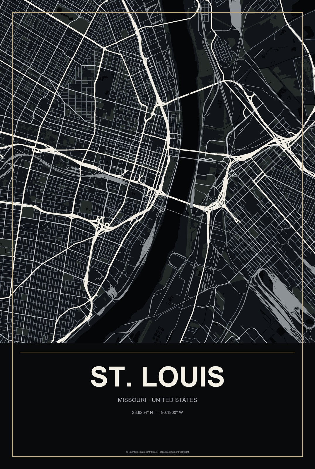 St. Louis, Missouri City Map Aluminum Sign in Metropolitan Noir style
