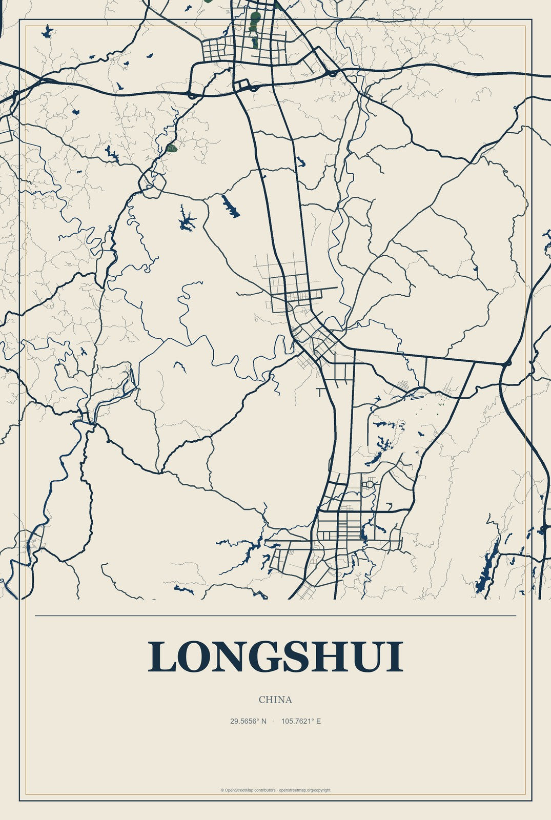 Longshui, China City Map Aluminum Sign in Coastal Cutout style