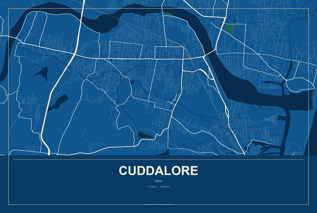Cuddalore, India City Map Aluminum Sign in Harbor Cobalt style