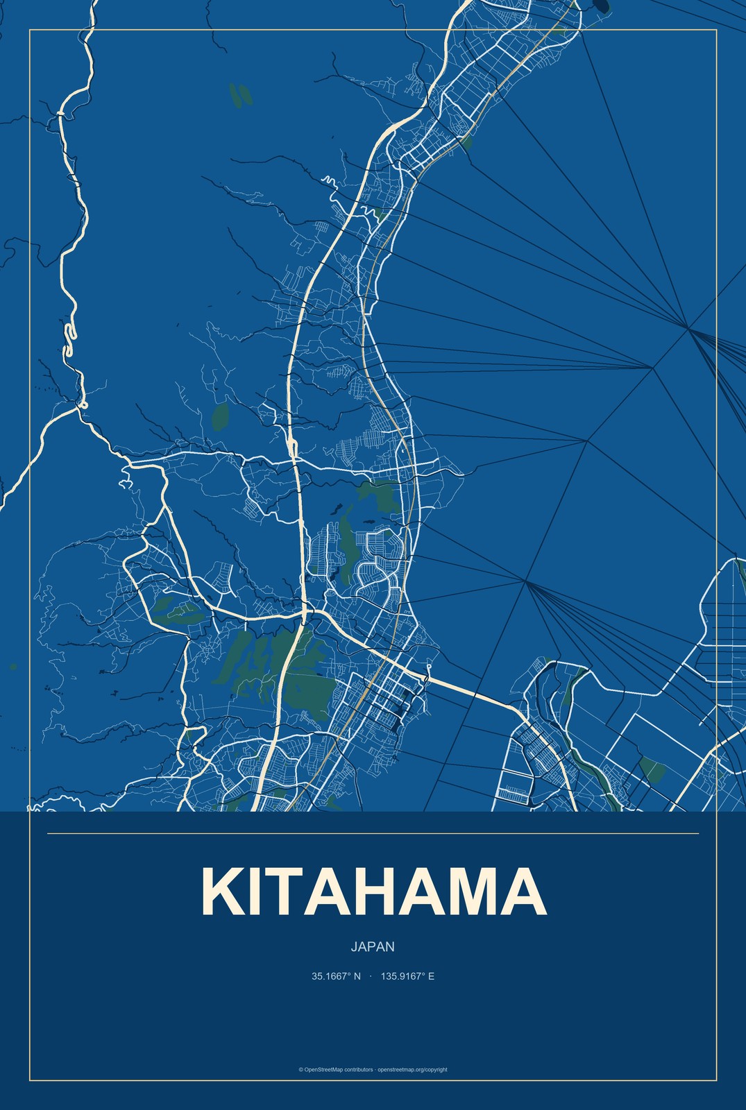 Kitahama, Japan City Map Aluminum Sign in Harbor Cobalt style