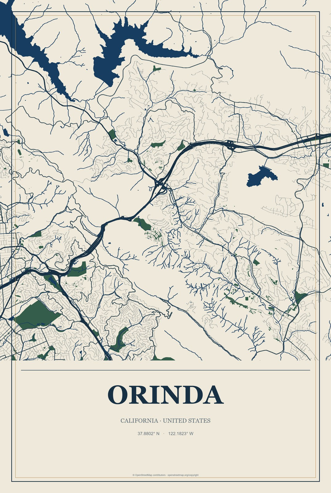 Orinda, California City Map Aluminum Sign in Coastal Cutout style