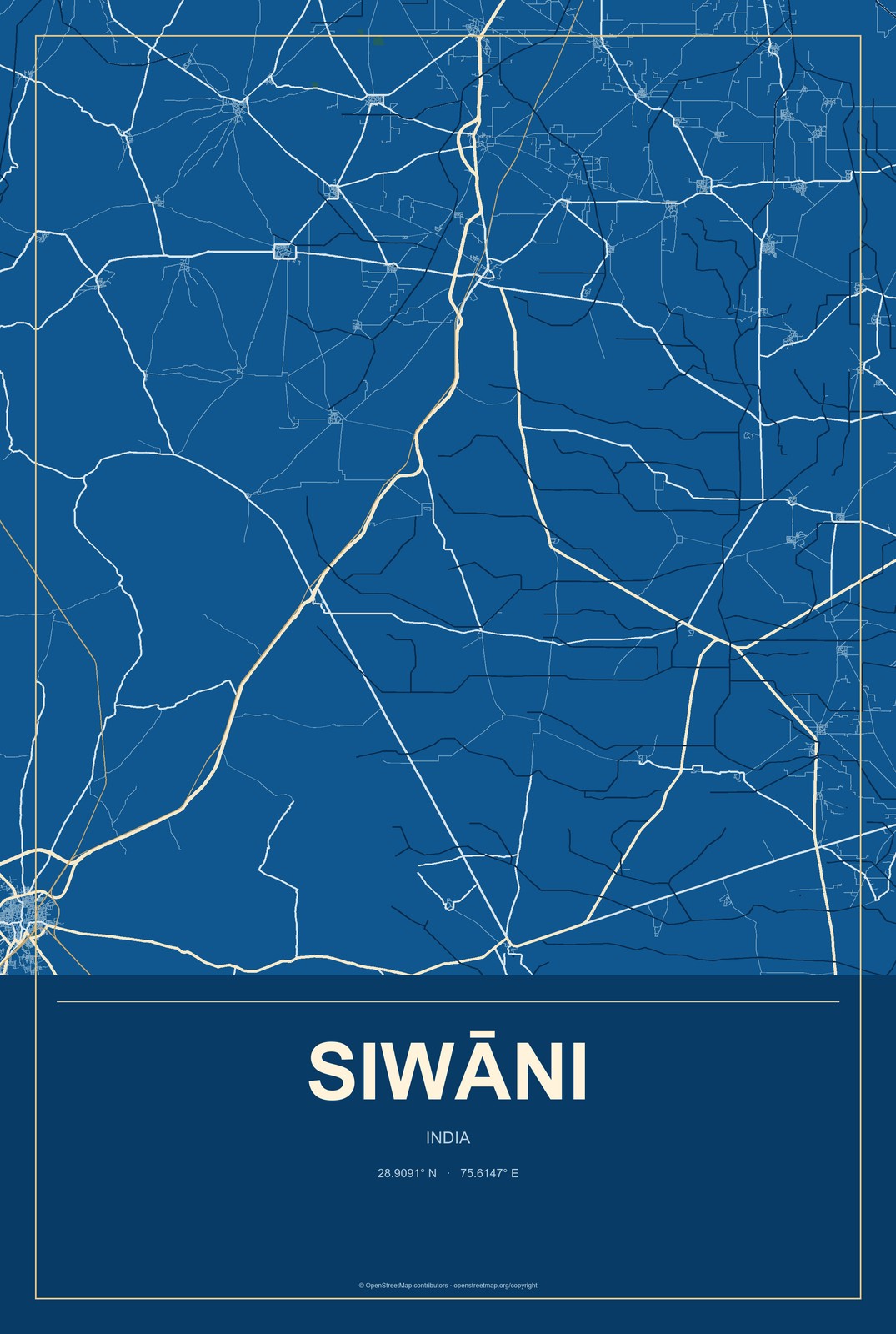 Siwāni, India City Map Aluminum Sign in Harbor Cobalt style