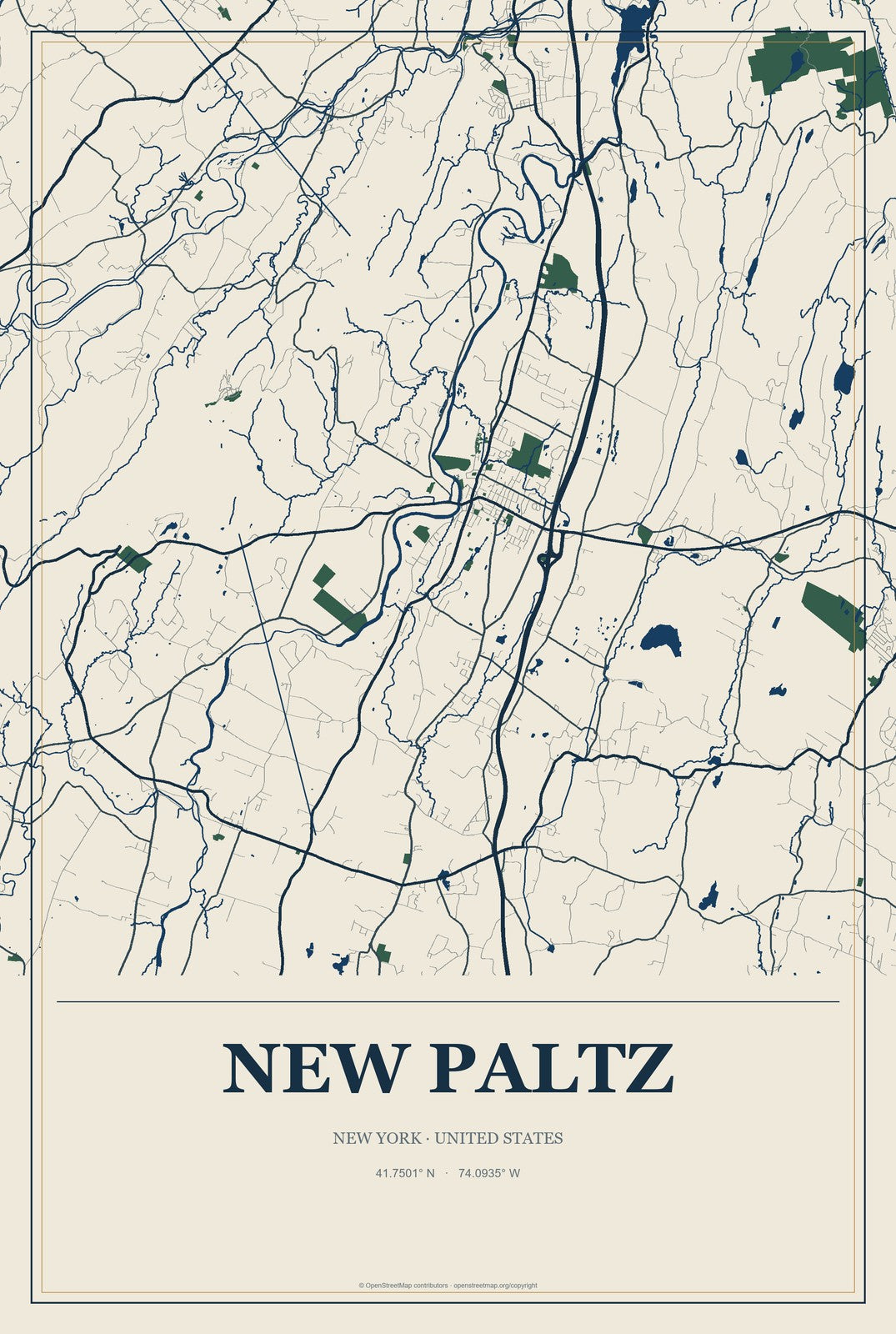 New Paltz, New York City Map Aluminum Sign in Coastal Cutout style