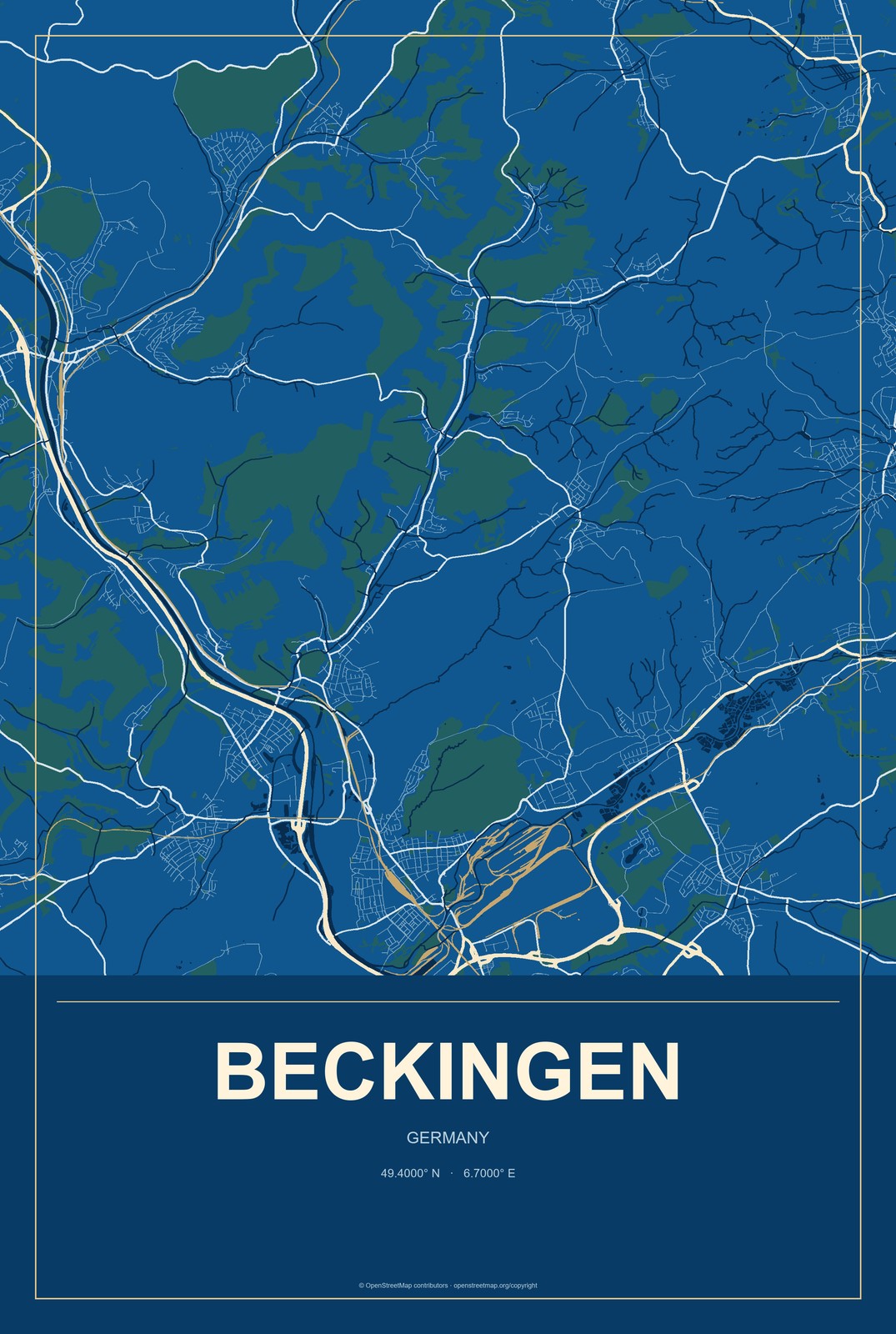 Beckingen, Germany City Map Aluminum Sign in Harbor Cobalt style