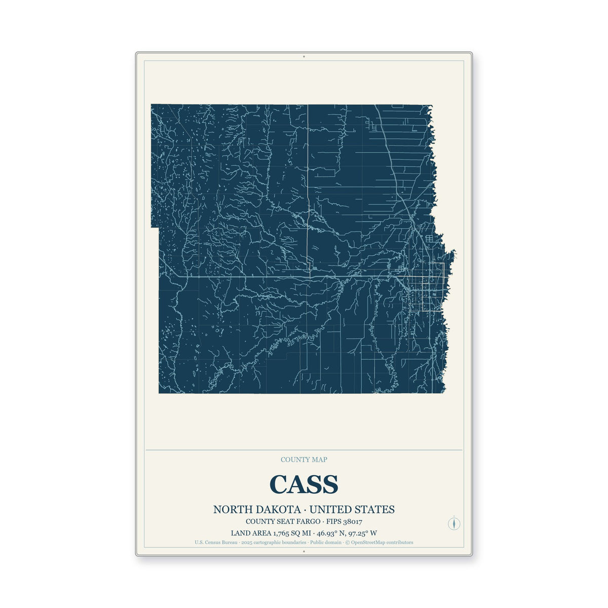 Cass County, North Dakota Map Aluminum Sign in Coastal Cutout style