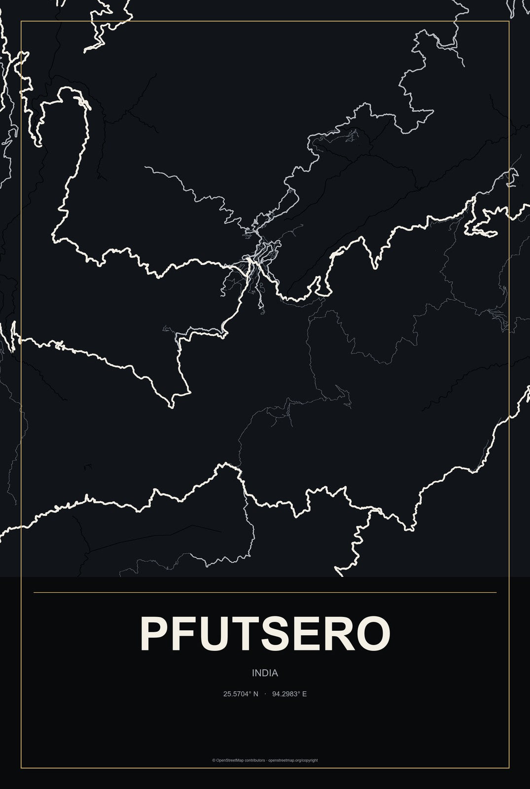 Pfutsero, India City Map Aluminum Sign in Metropolitan Noir style