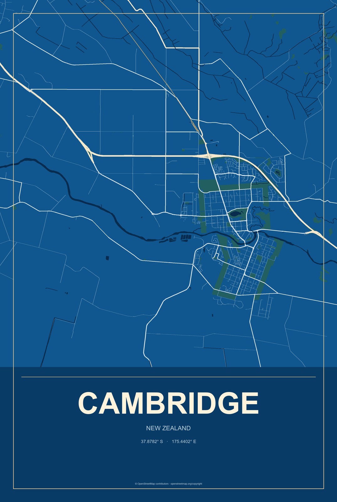 Cambridge, New Zealand City Map Aluminum Sign in Harbor Cobalt style