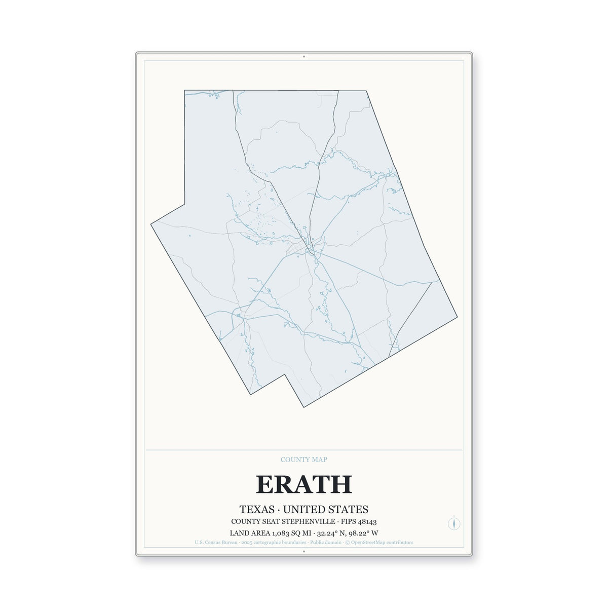 Erath County, Texas Map Aluminum Sign in Gallery Air style
