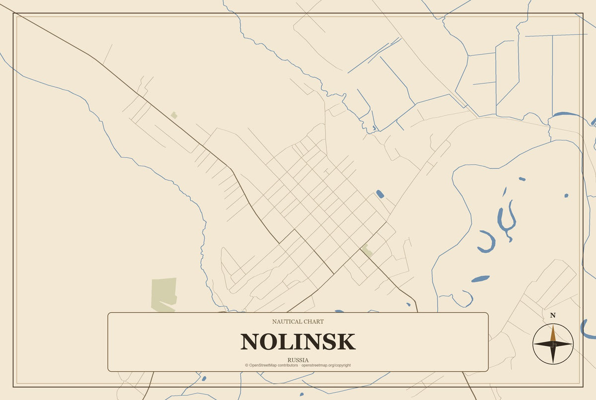 Nolinsk, Russia City Map Aluminum Sign in Heritage Nautical style