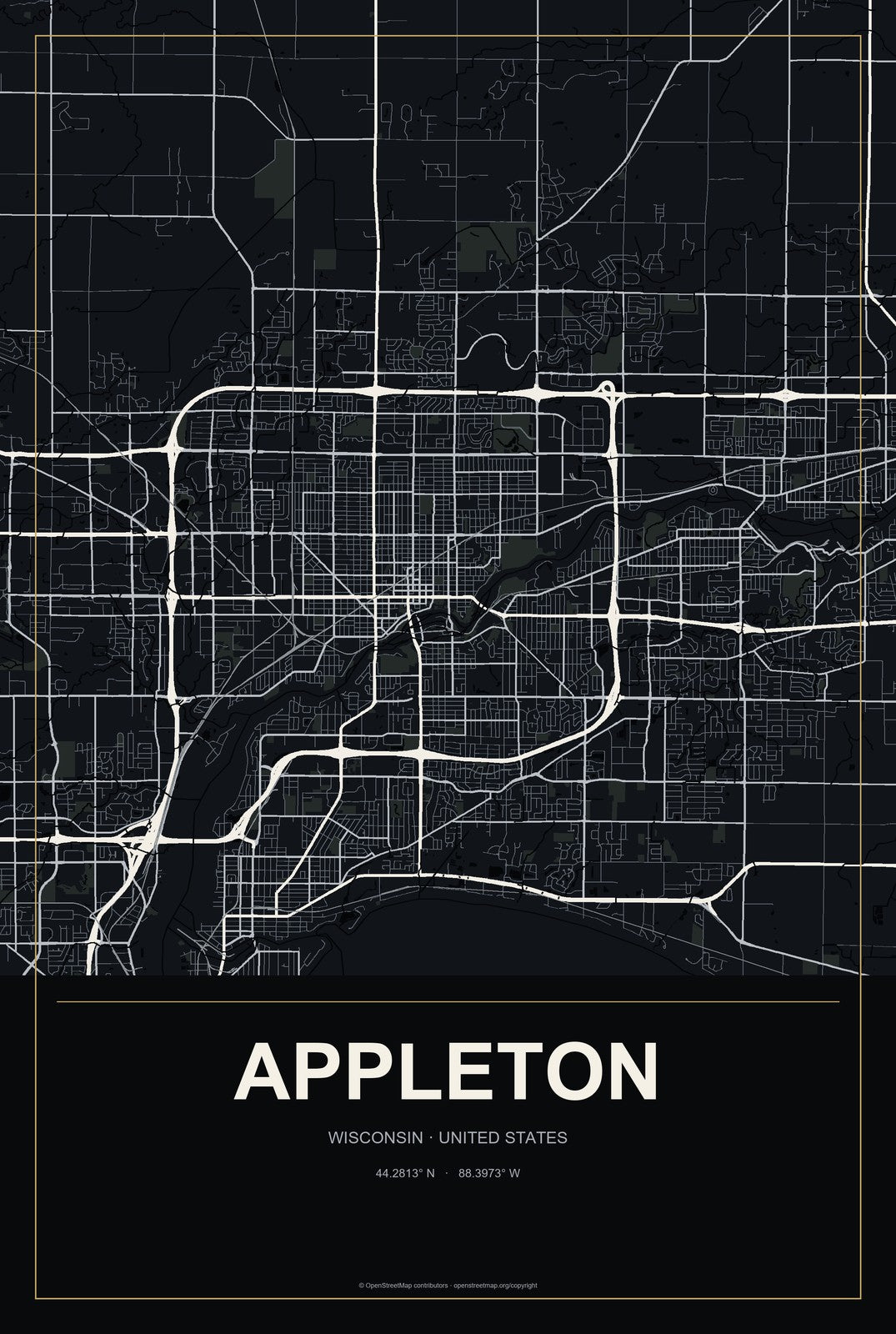 Appleton, Wisconsin City Map Aluminum Sign in Metropolitan Noir style