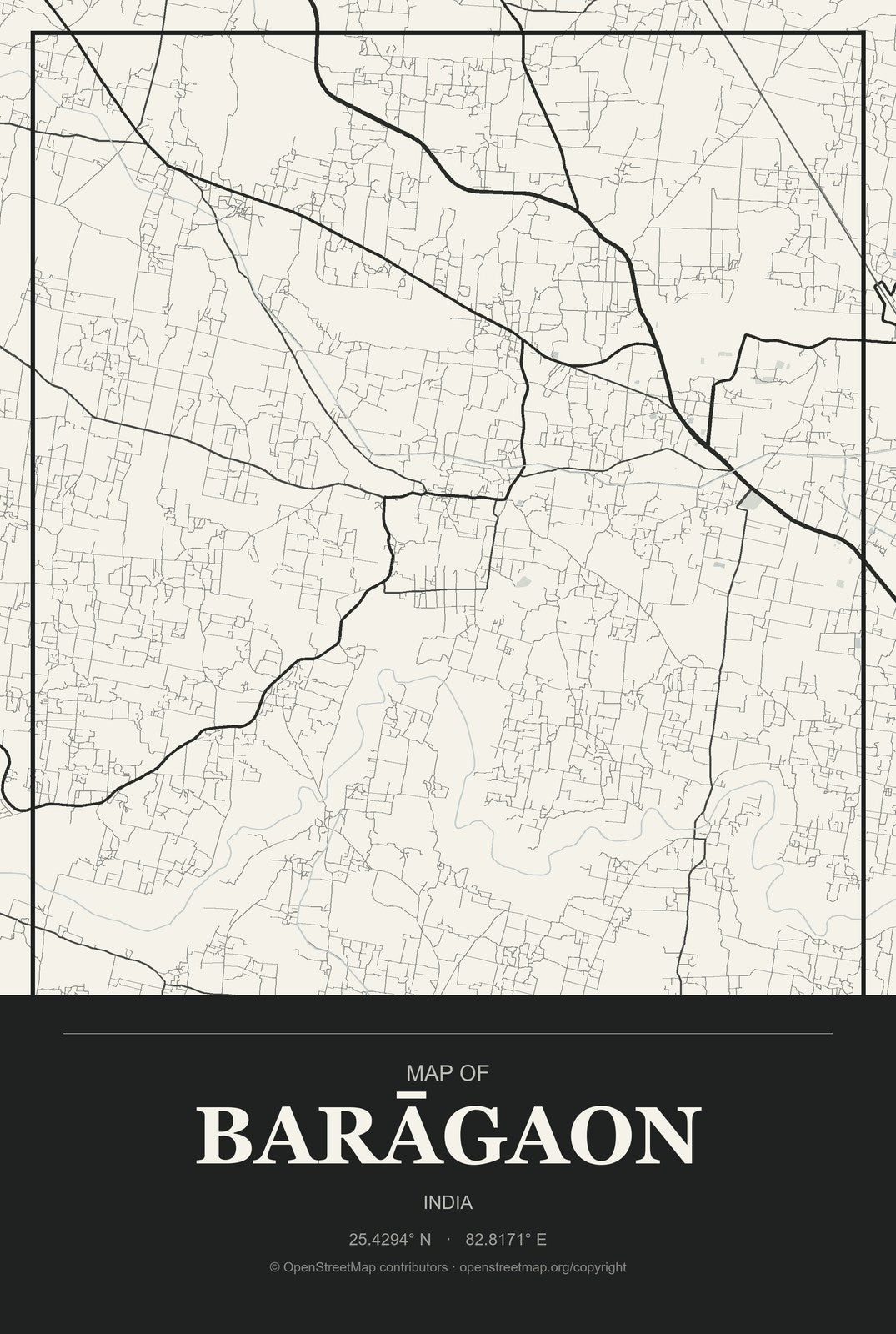 Barāgaon, India City Map Aluminum Sign in Museum Plaque style