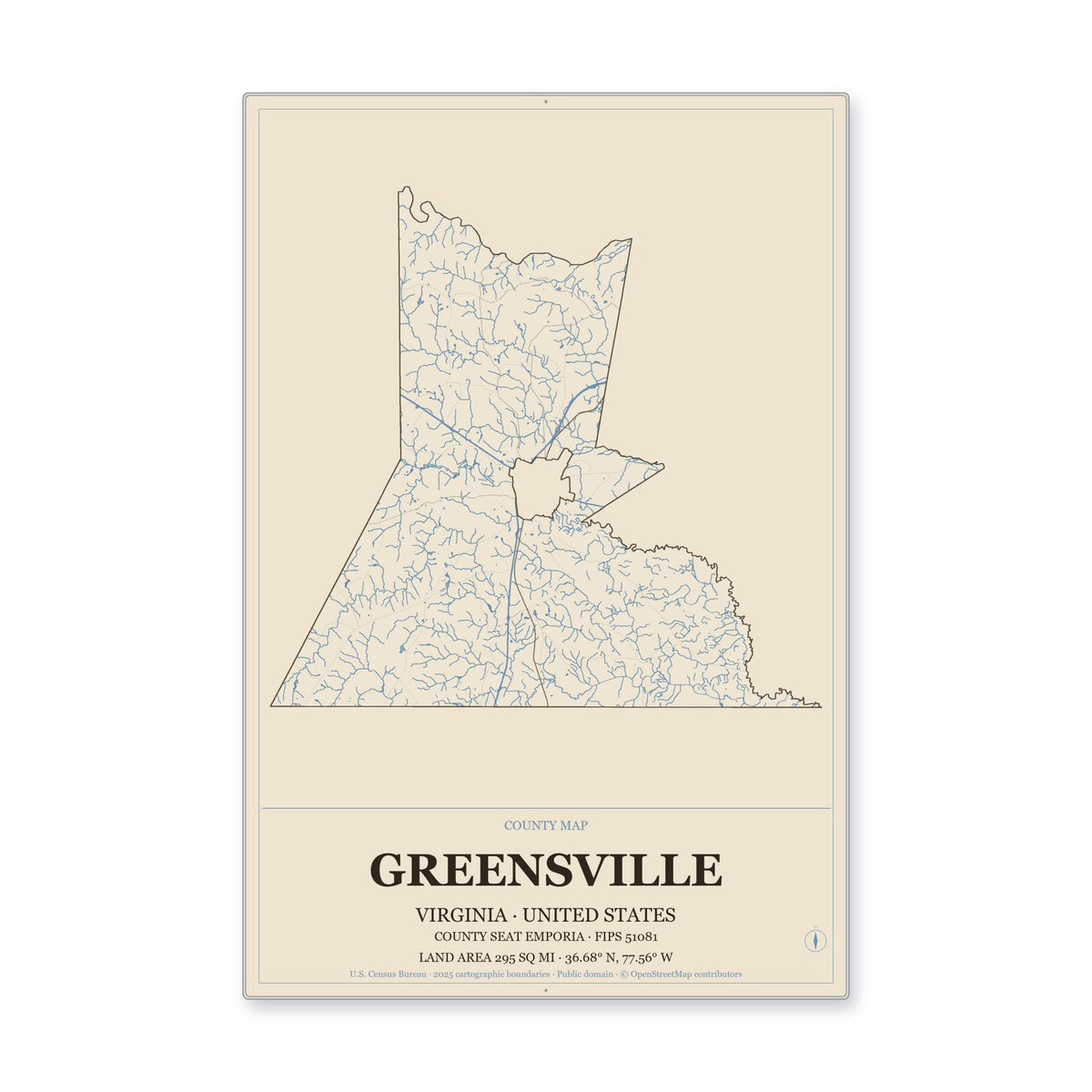 Greensville County, Virginia Map Aluminum Sign in Heritage Nautical style